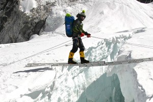 on one of the many ladders in the Icefall