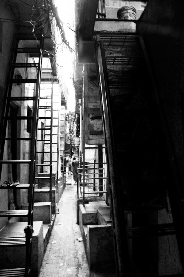 Looking down a narrow alleyway