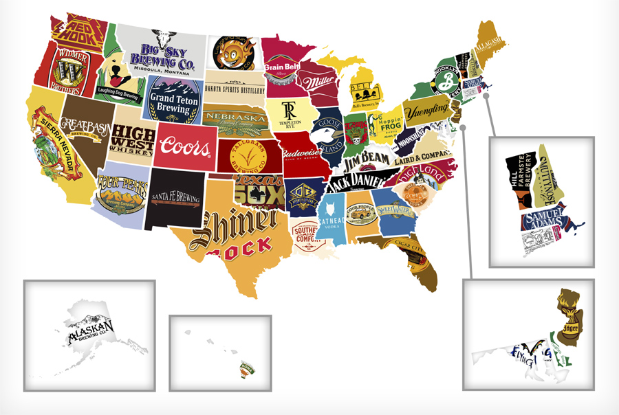 A map plotting the biggest/most high-profile liquor or beer companies from each of the 50.