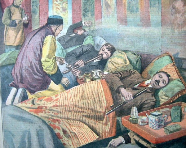 A drawing of people smoking in bed