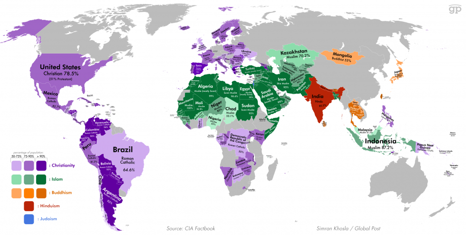 Countries where over 50% of the population is religious