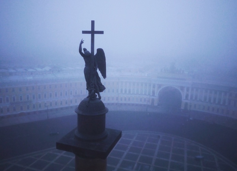 The angel atop the Alexander column. Built after Russia’s victory over Napoleon, the column's 600 ton granite trunk was tipped into place by 2,000 soldiers. It balances without any attachment to its base.