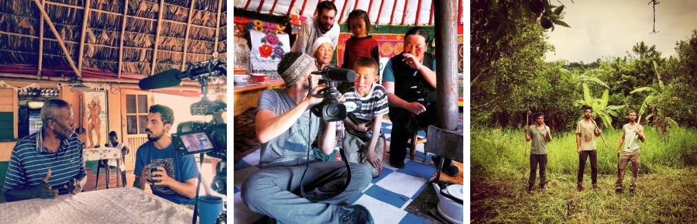 Photo: From Left to Right: interview with Garifuna man in Honduras; filming with Mongolian family; working on an organic farm in El Salvador. Medium 