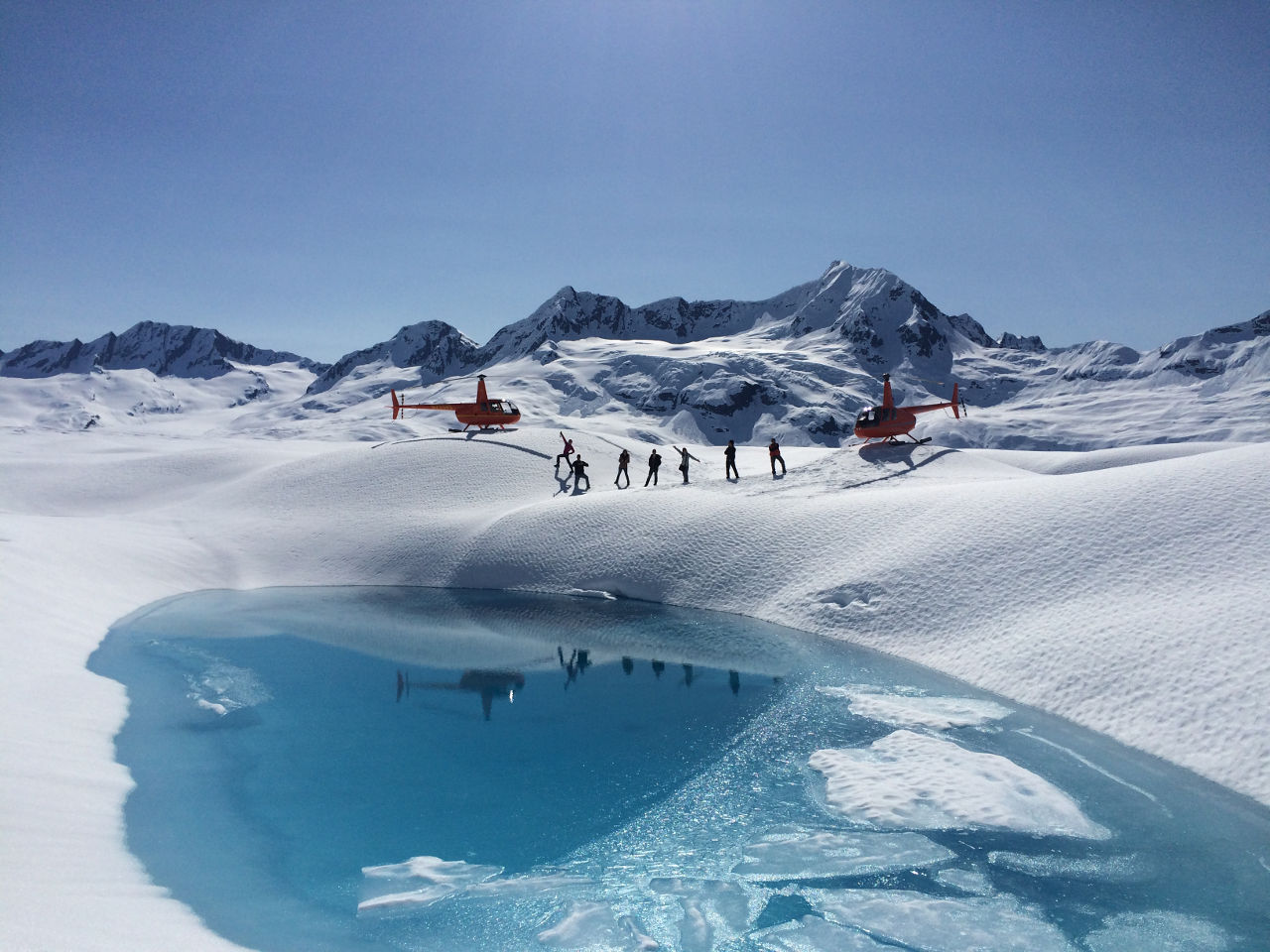 Glacial pool and helicopter