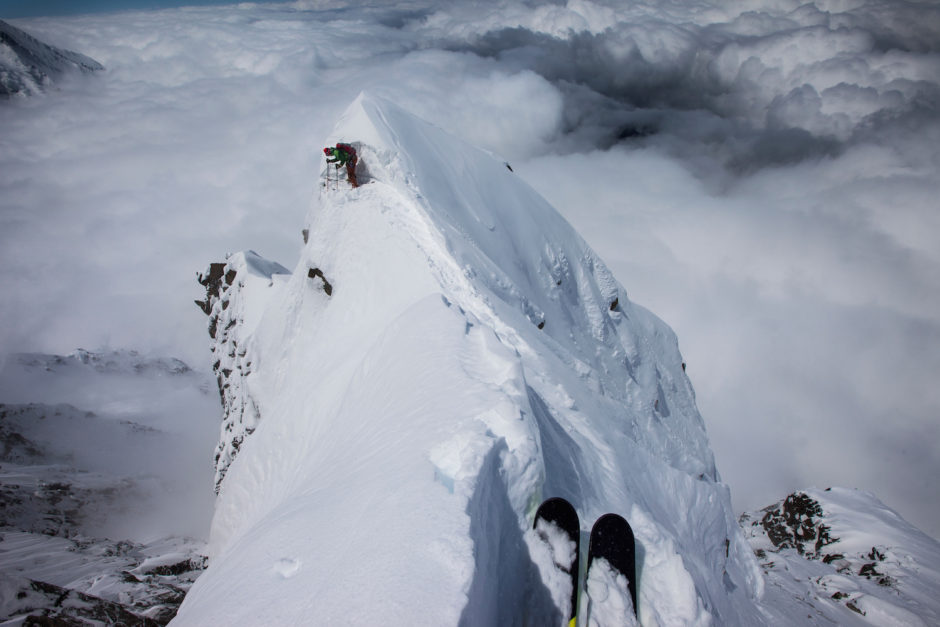 Dave Rosenbarger leads the way on a rare ski descent on the North Face of the Aiguille Du Midi in Chamonix, France