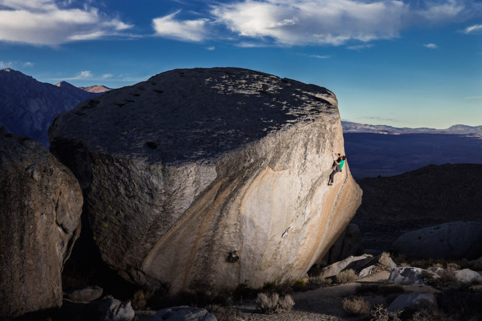 Lonnie Kauk enjoys an evening lap at the Buttermilks, CA. A world-class destination with its beautiful granite boulders, the Buttermilks attracts climbers and photographers from all over the world to experience its stunning beauty. 
