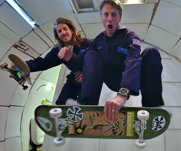 Watch as Tony Hawk and Aaron Homoki try to skate in a zero