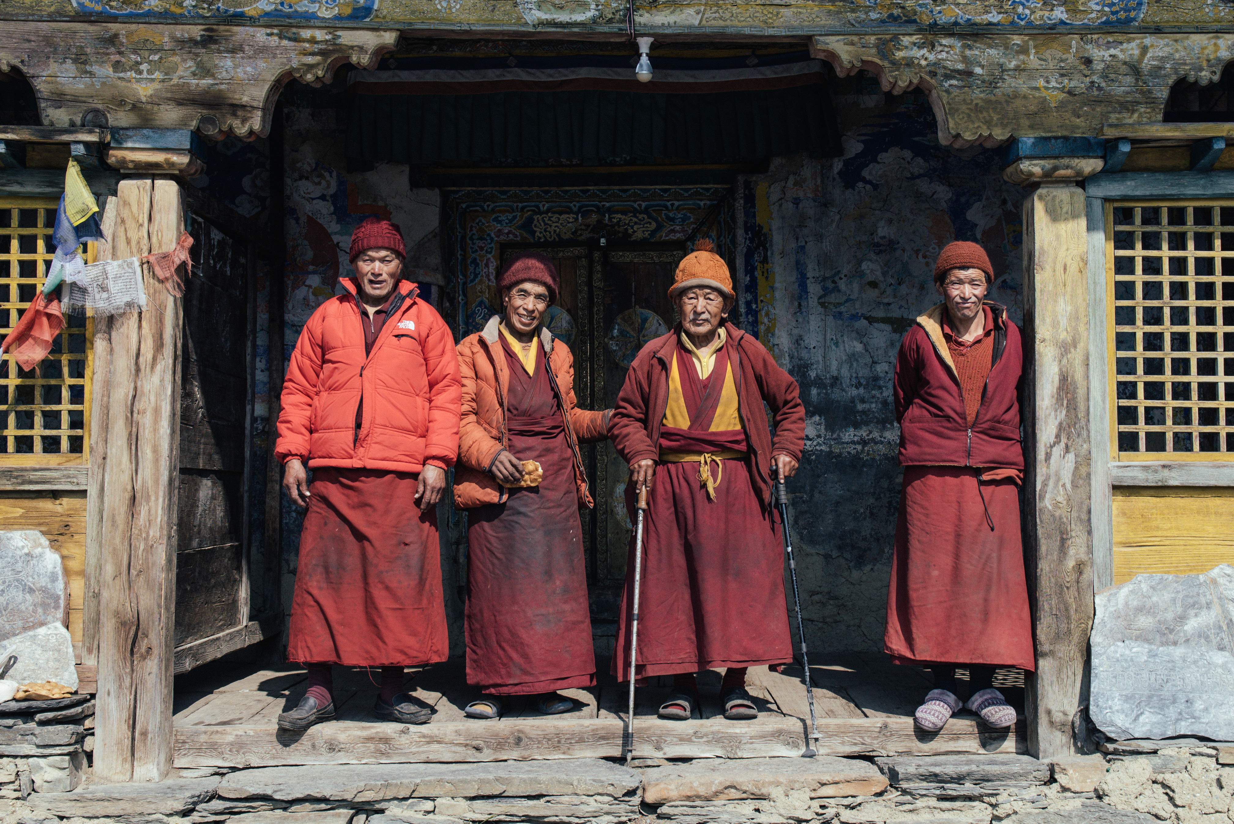 Four of the old guardian monks of Mu Gompa - Tsum Valley.