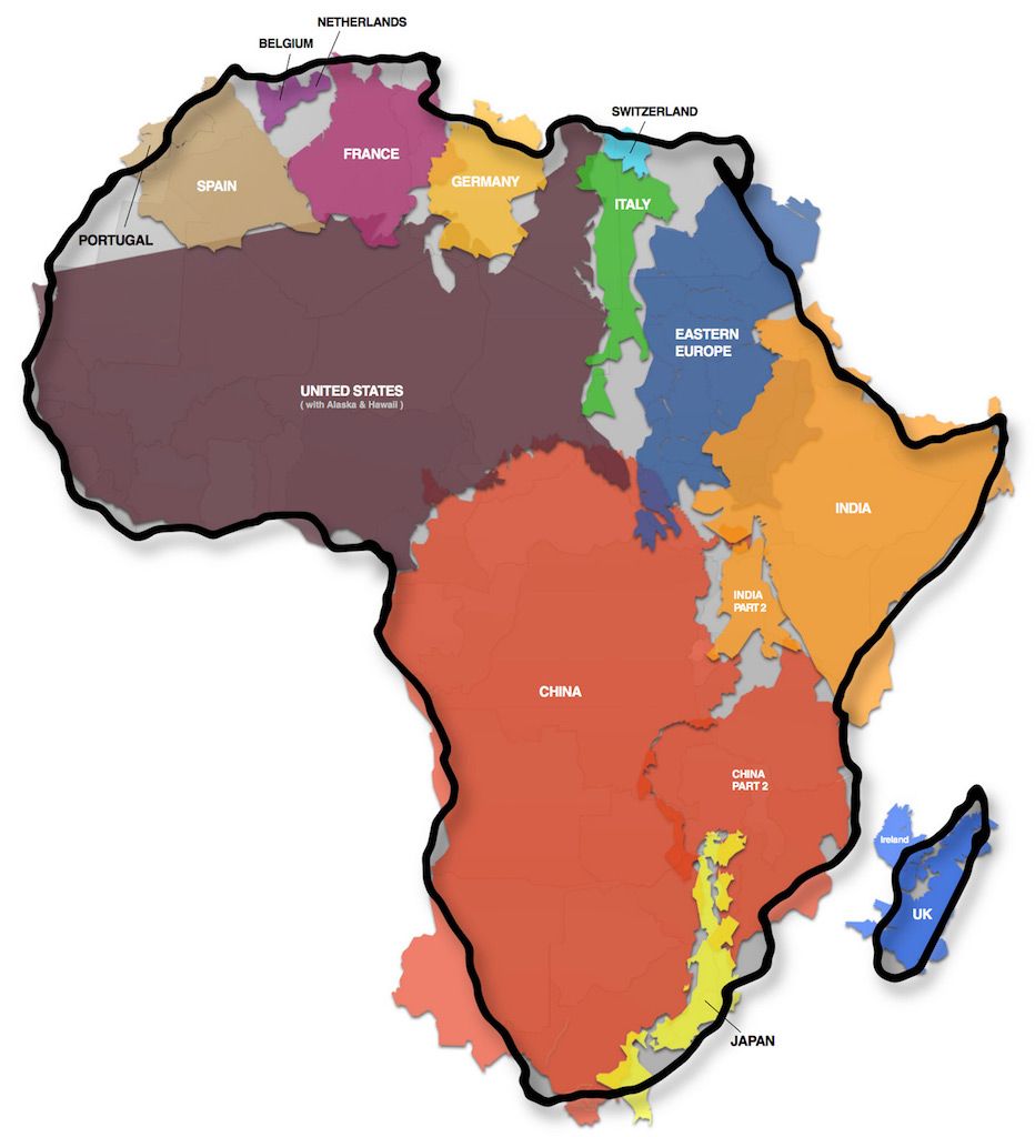 The True Size Of Africa Map This map shows the actual size of Africa and it is mind boggling.