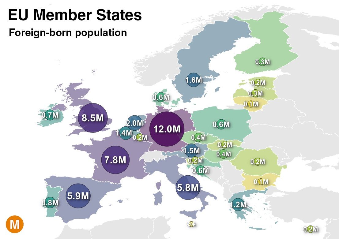 Map of those living in the European Union who were foreign-born