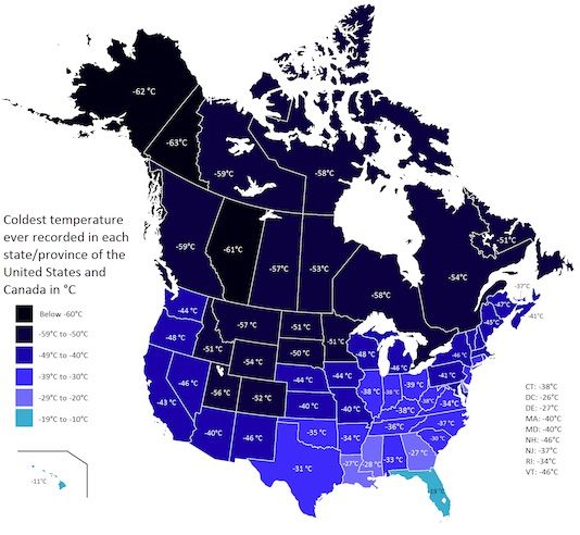 What are the coldest temperatures ever recorded in the USA and Canada?