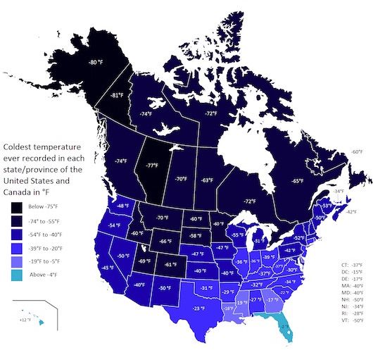 What are the coldest temperatures ever recorded in the USA and Canada?