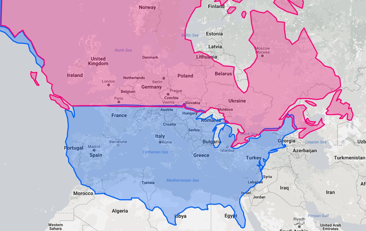 Europe And North America Map What city in Europe or North America is on the same latitude as yours?