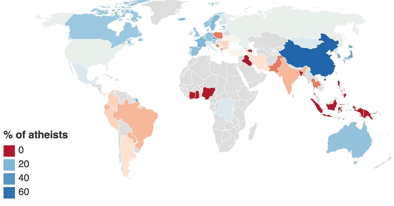 The most atheist countries in the world in one map