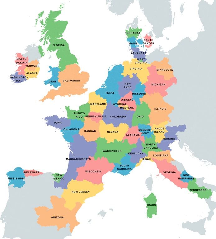 US states overlaid on areas of Europe with equal population
