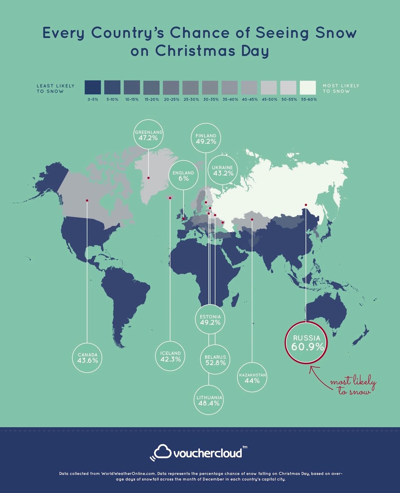 White Christmas across the world map