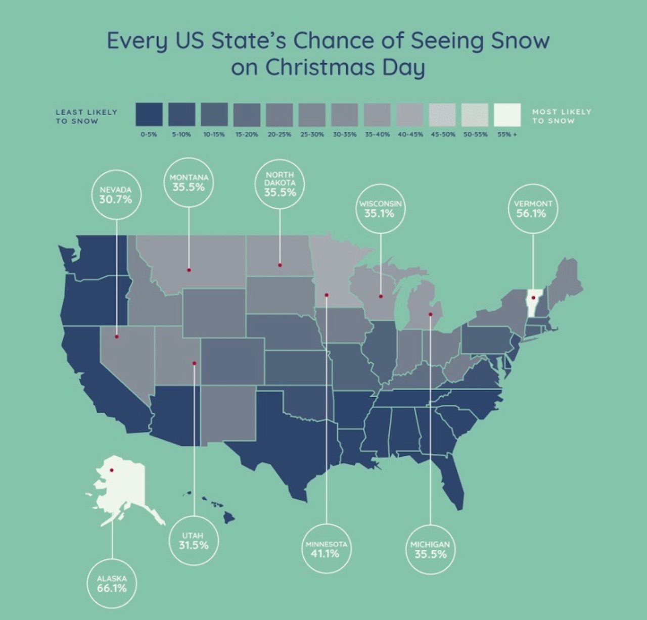 White Christmas in the US map