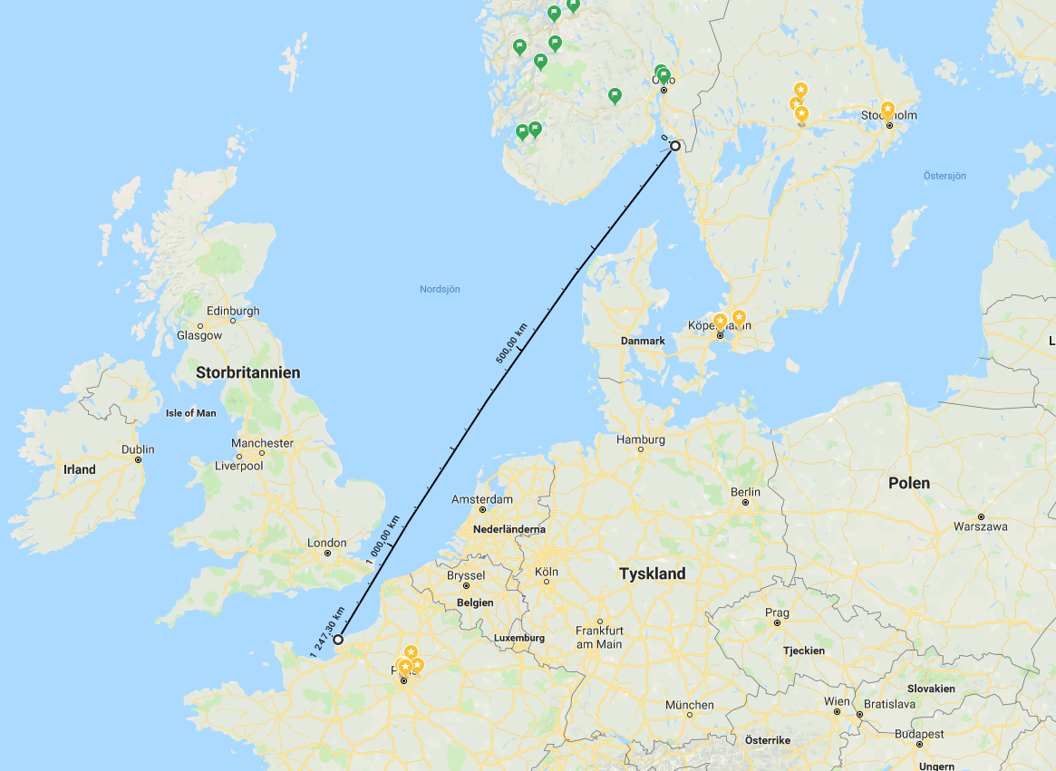 Sail from Sweden to France in straight line map