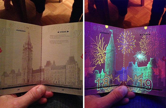 Canadian passport with UV light
