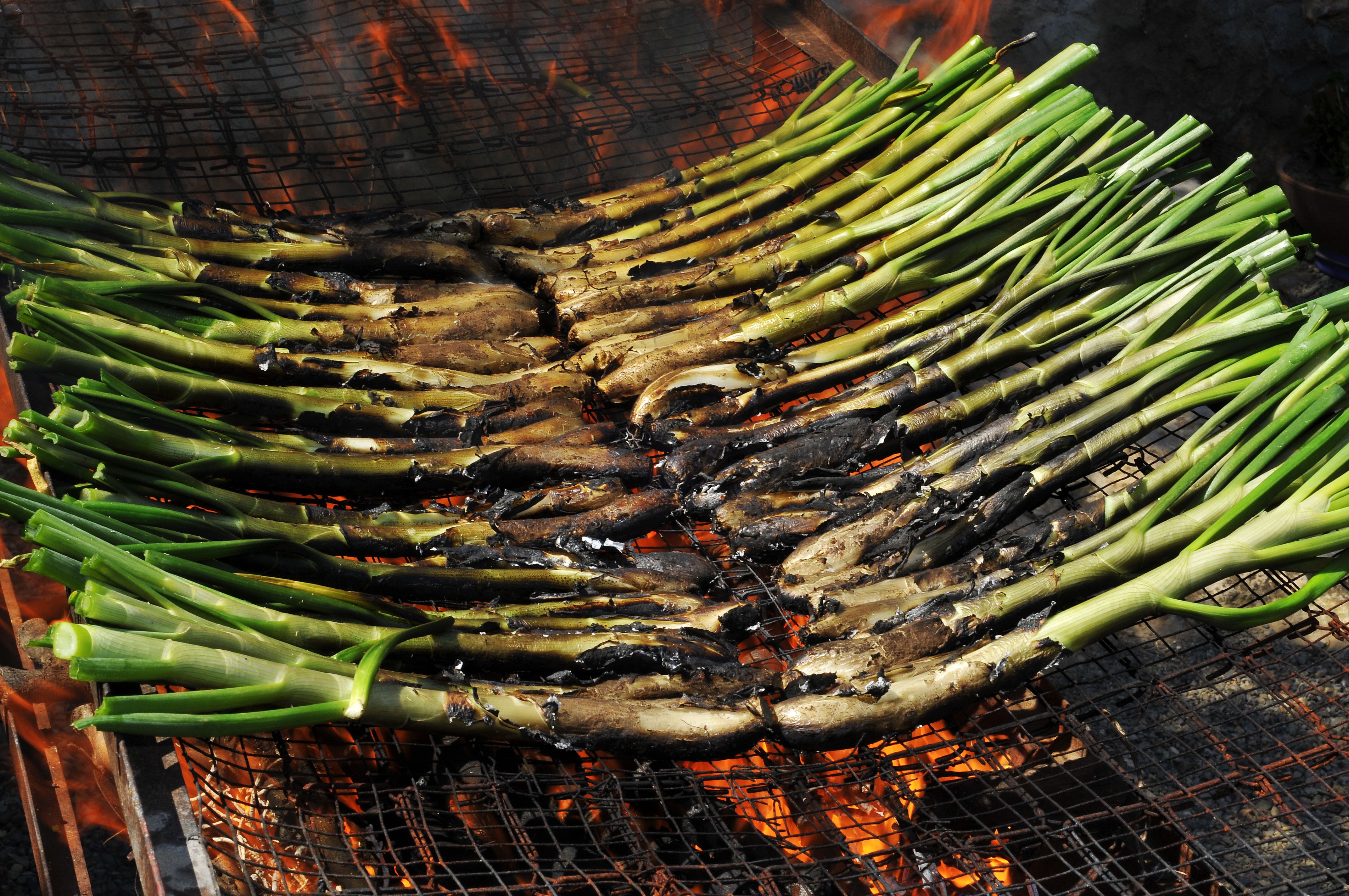 a pile of calcots typical catalan sweet onions on the barbecue