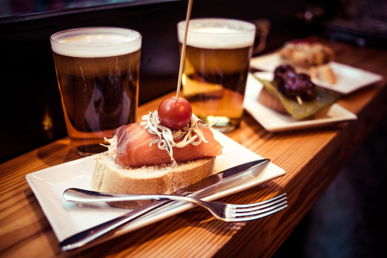 this variation on tapas is called pintxos and is common in Basque country