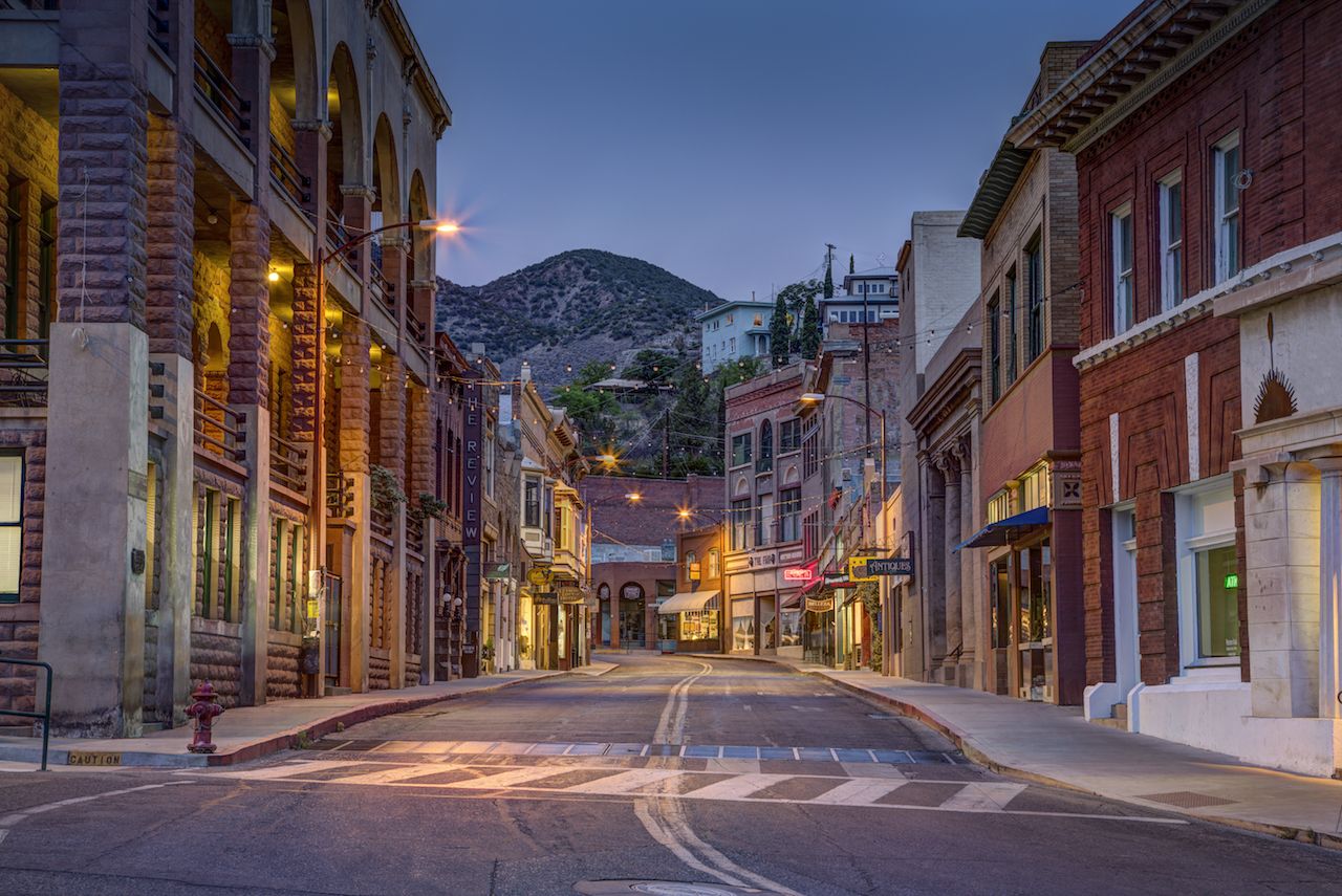 Bisbee street at night one of the best places for a honeymoon in the US