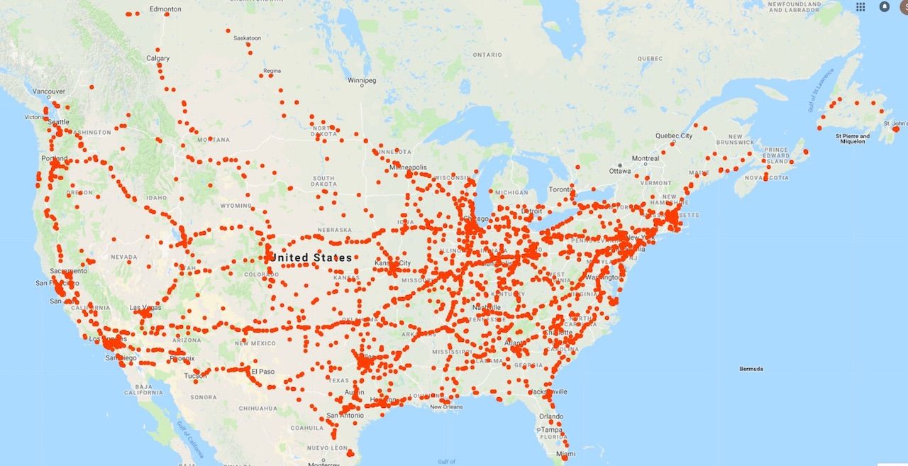 Map of American trucker's travels