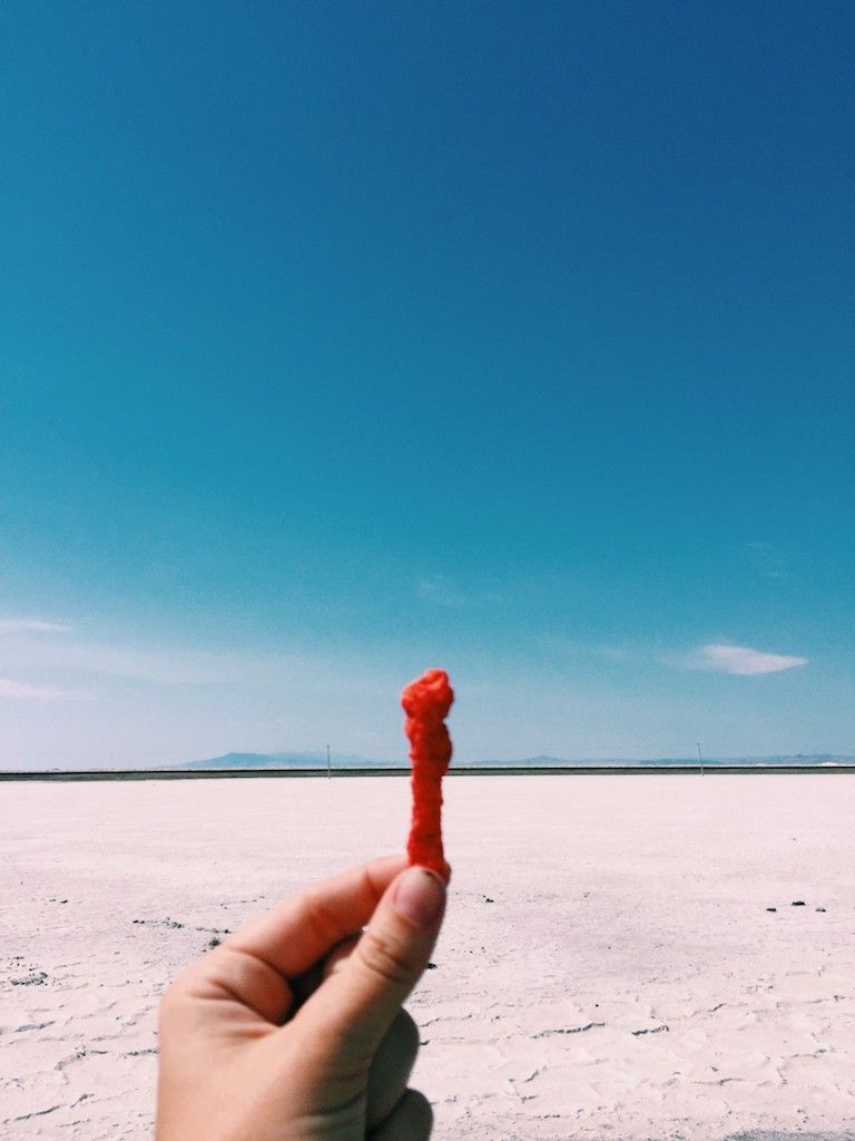 Bonneville Salt Flats behind Hot Cheeto