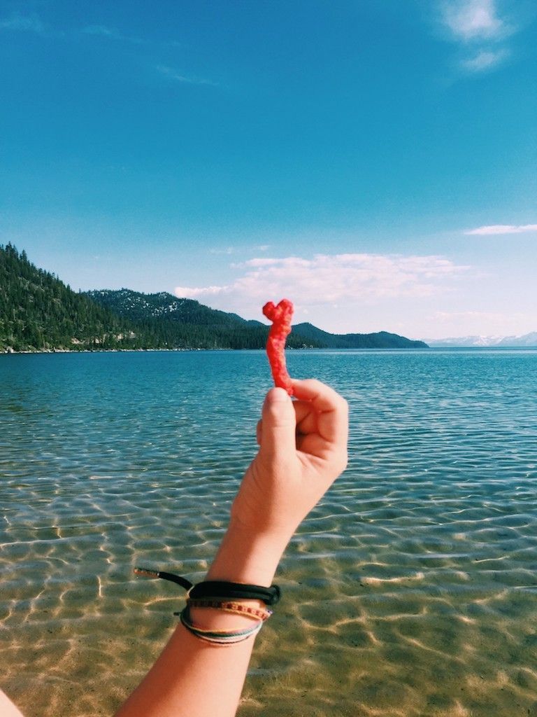 Hot Cheeto in front of Lake Tahoe