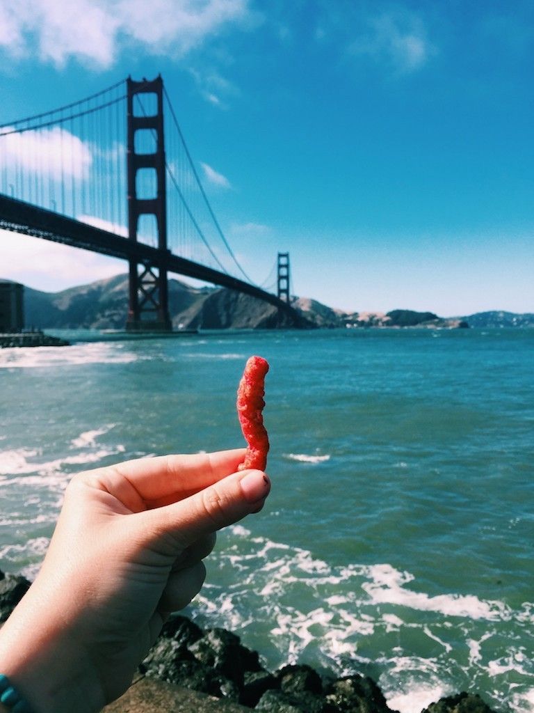 Hot Cheeto in front of the Golden Gate Bridge in SF