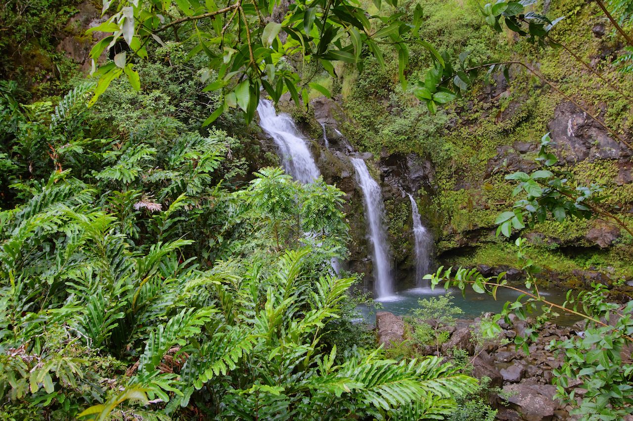 Three Bear Falls or Upper Waikani Falls on the Road to Hana, Maui, Hawaii