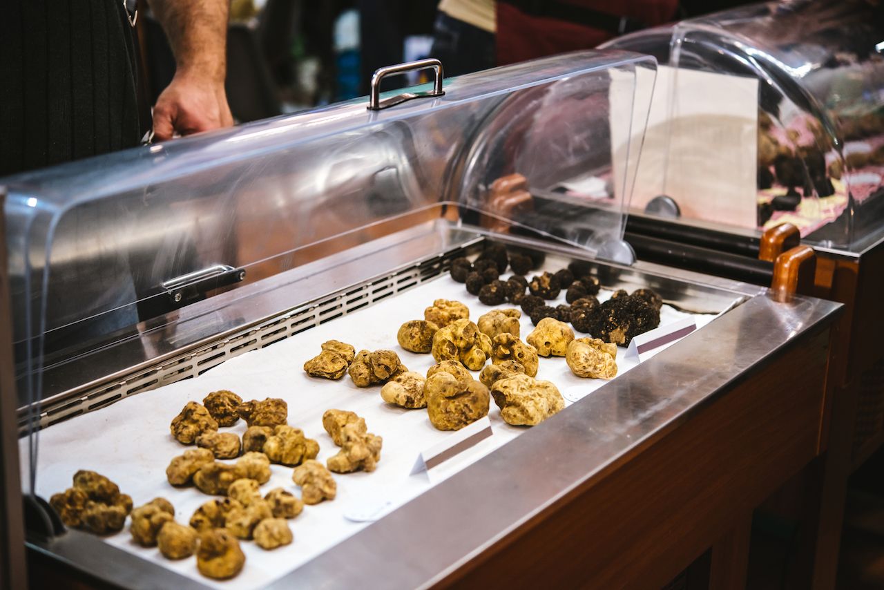 White truffles on sale at truffle fair in Italy