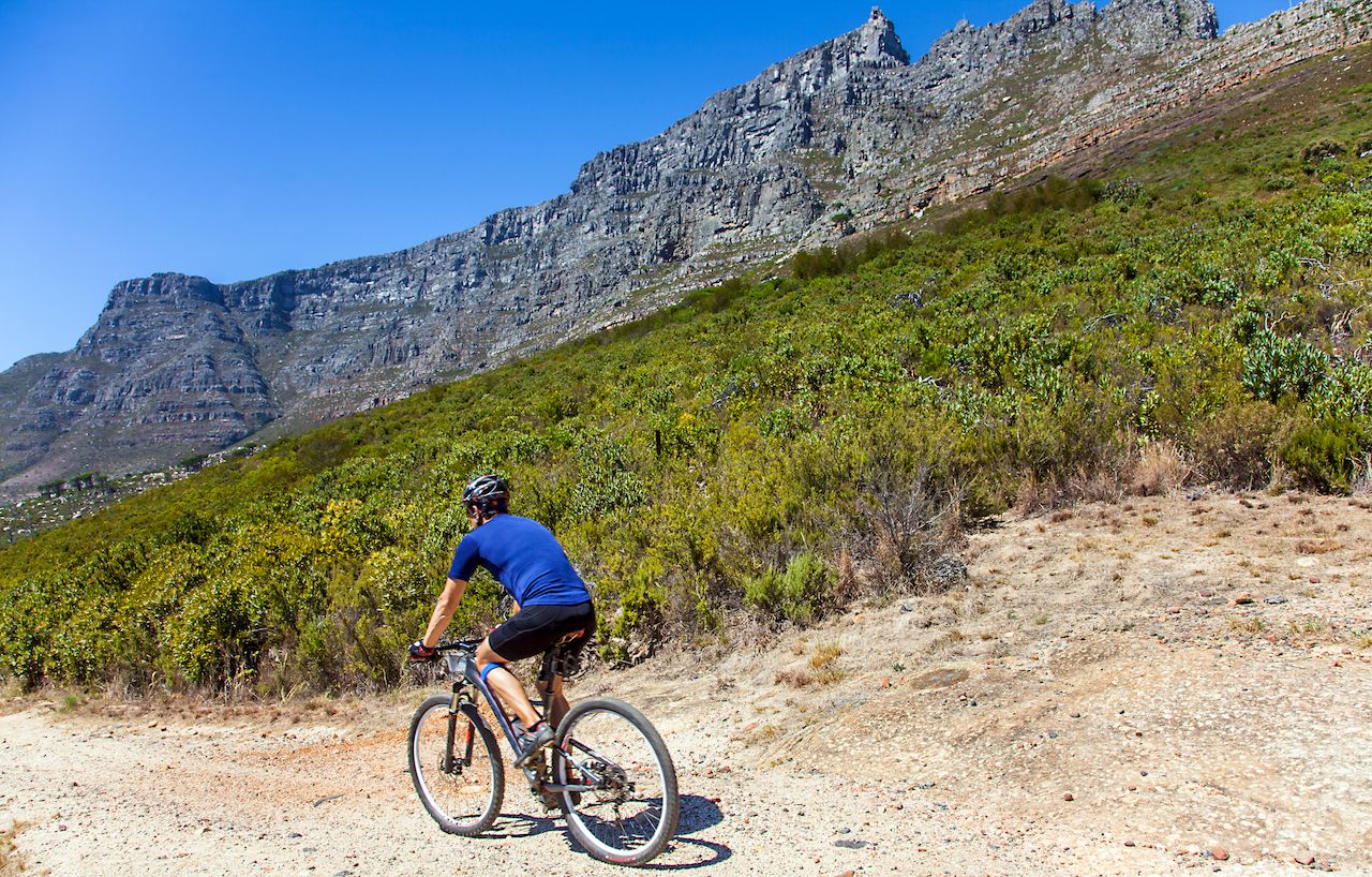 Biker on table mountain Cape Town, South Africa