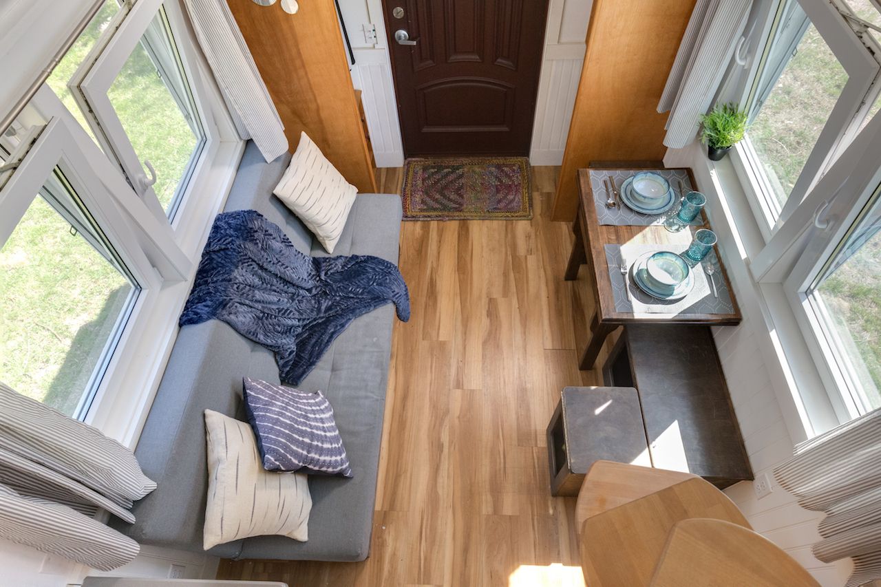 In the living room of a tiny house