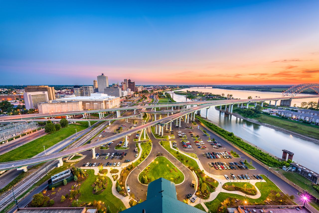 Memphis, Tennessee, USA aerial skyline view with downtown and Mud Island one of the best girls trip locations in the US