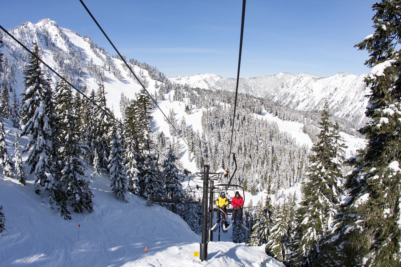 Skiiers riding the Chairlift at Stevens Pass, Washington
