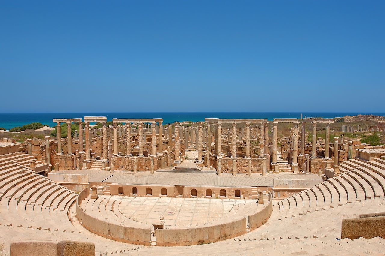 Theater at the spectacular ruins of Leptis Magna near Al Khums, Libya