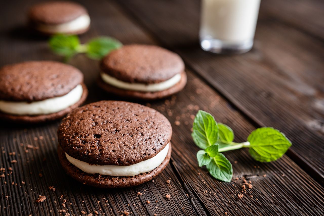 Traditional chocolate Whoopie pies filled with vanilla butter cream