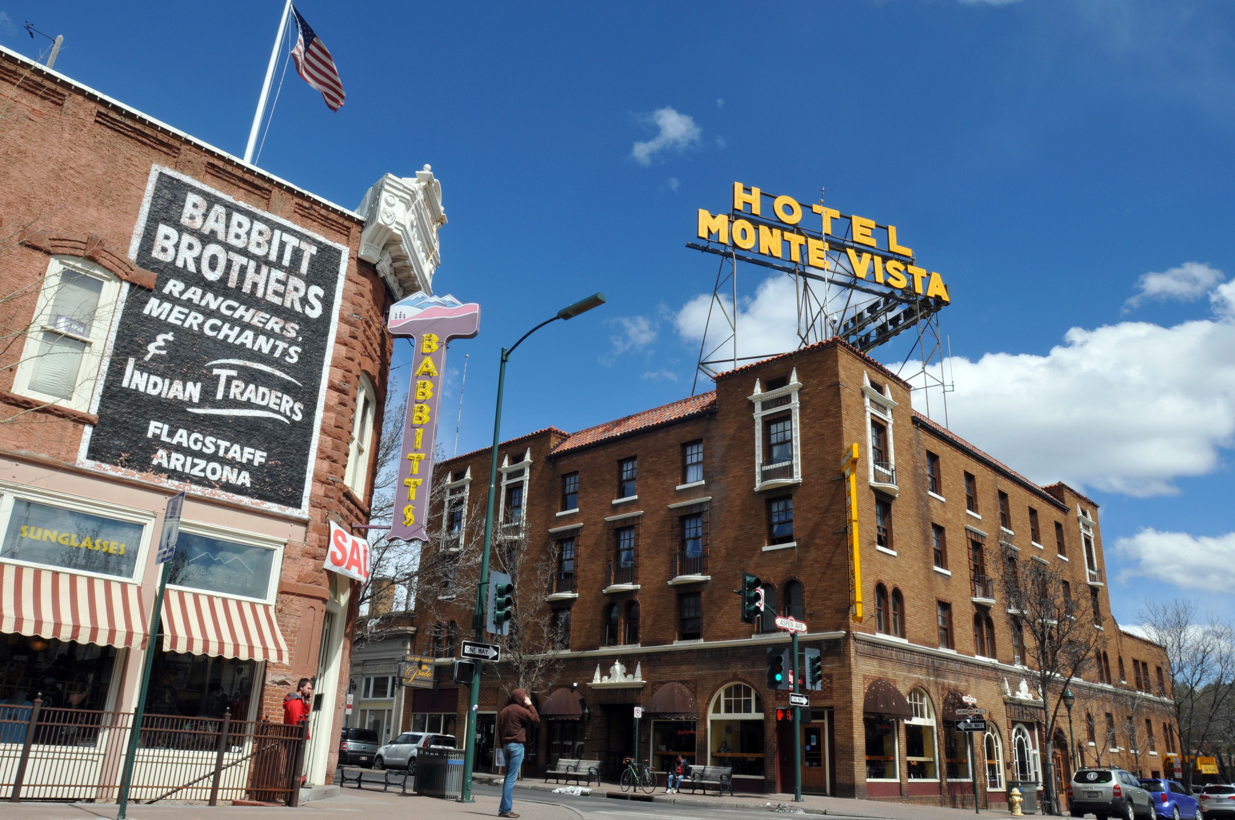 The 1927 Hotel Monte Vista and the 1888 Babbitt Brothers store are landmarks in Flagstaff, Arizona's historic downtown district.