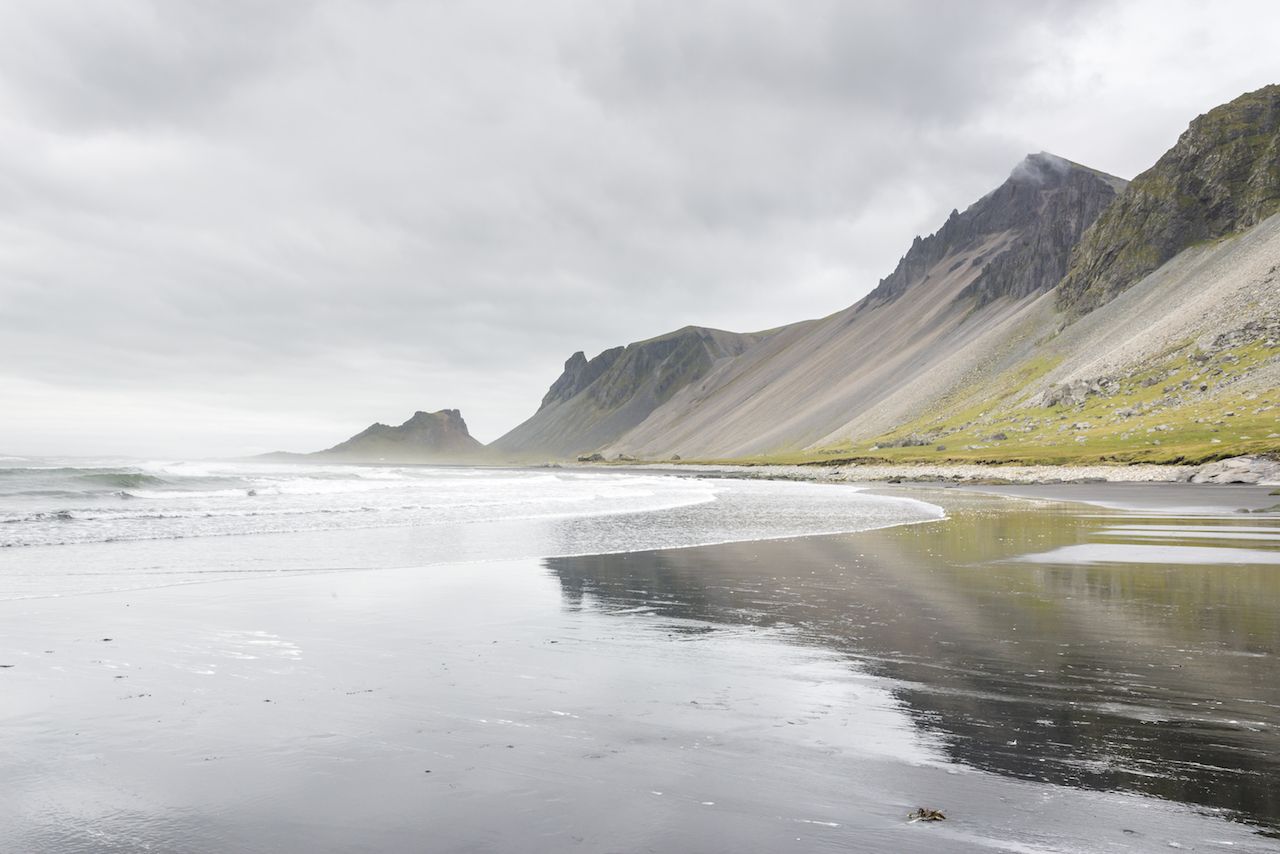 Beautiful coast Stokksnes, Iceland, with view to Atlantic ocean and mountains