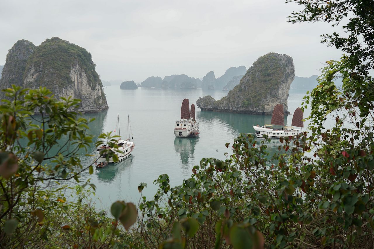 Boats in Bai Tu Long Bay in Vietnam