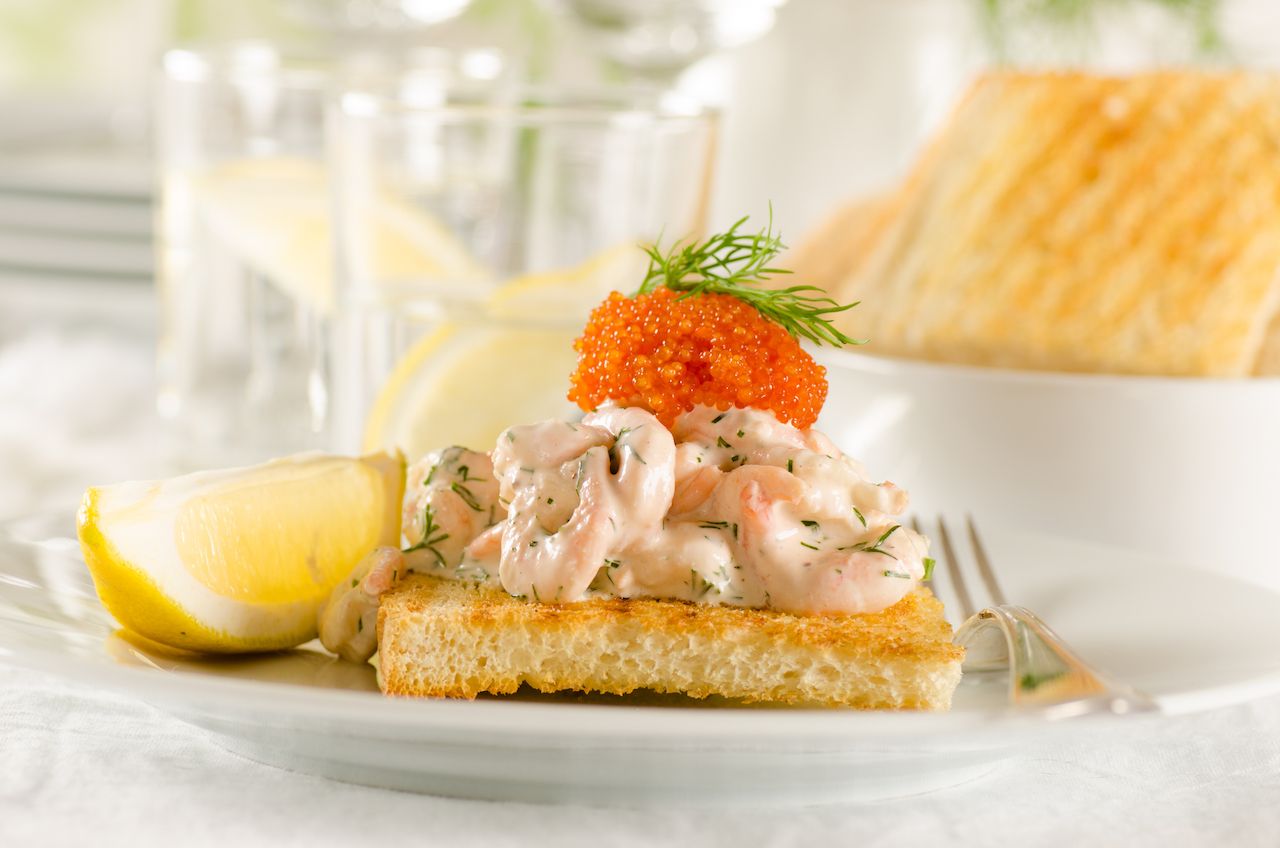 Toast skagen - shrimp and caviar on toast. Classic swedish appetizer