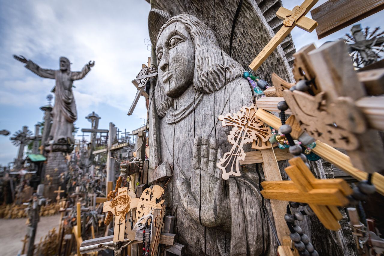 Up-close artifacts at the Hill of Crosses in Lithuania
