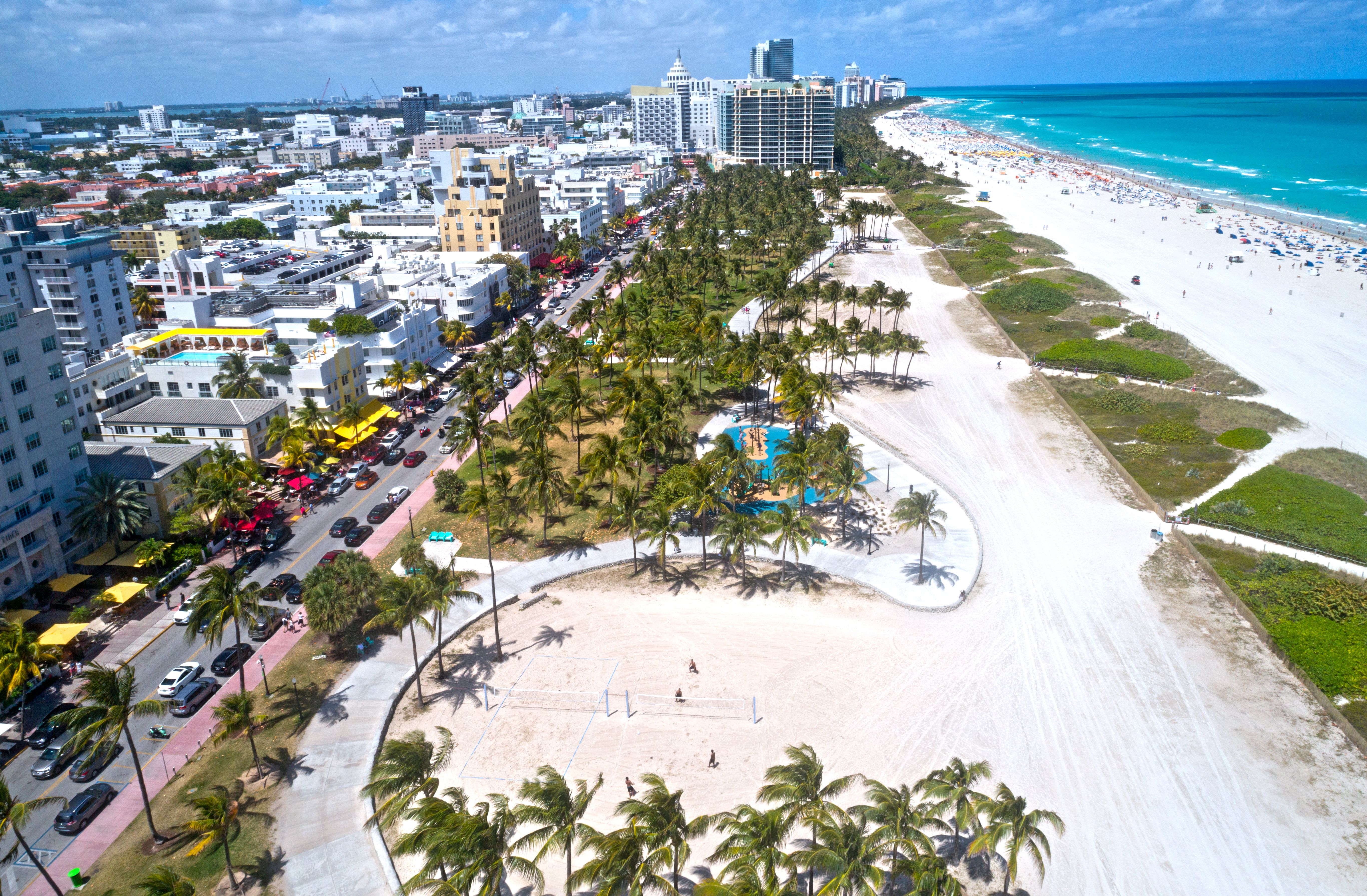Aerial view of Lummus Park and Ocean Drive in Miami, Florida