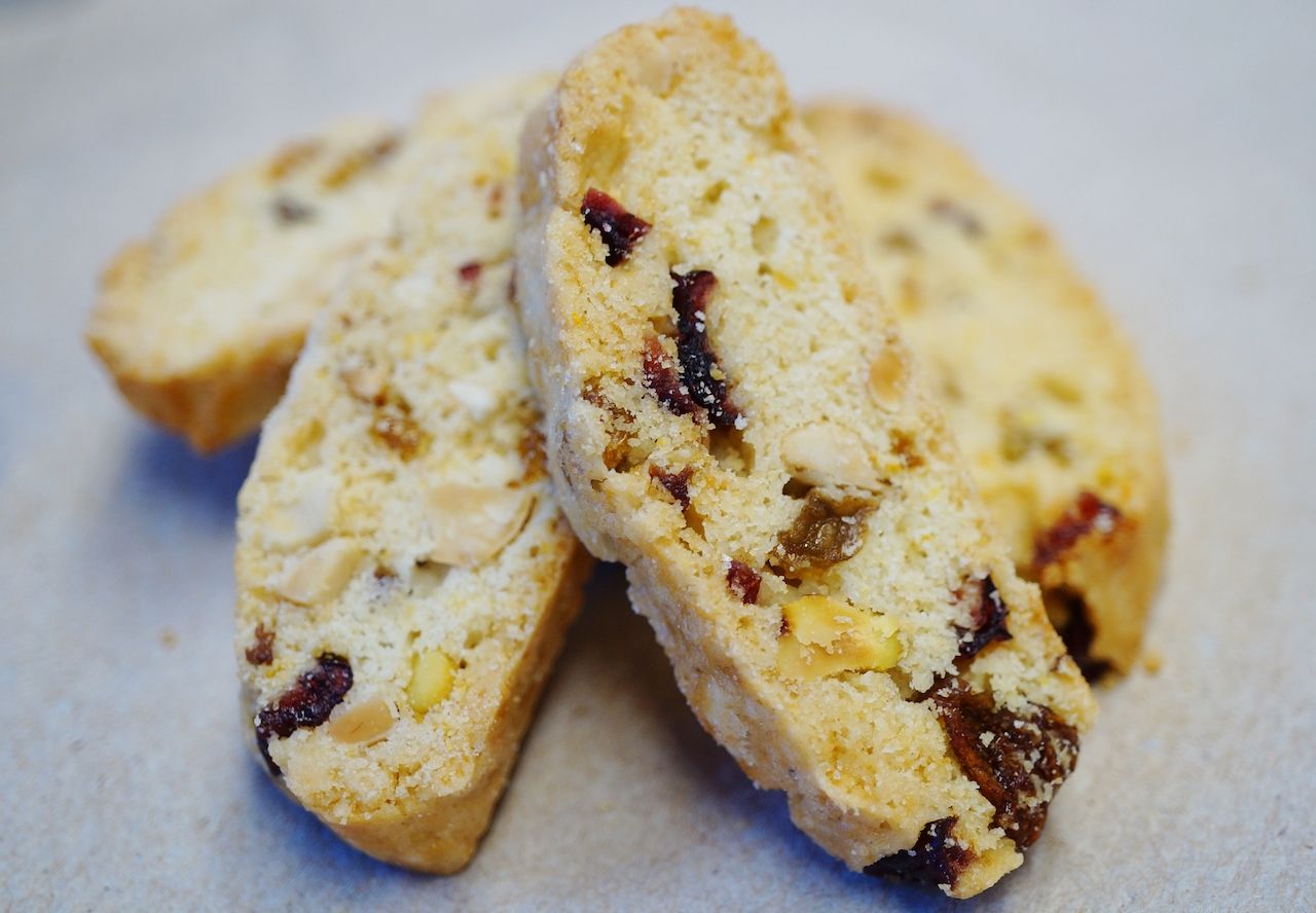 Biscotti cookies with dried cranberries, pistachio and almonds