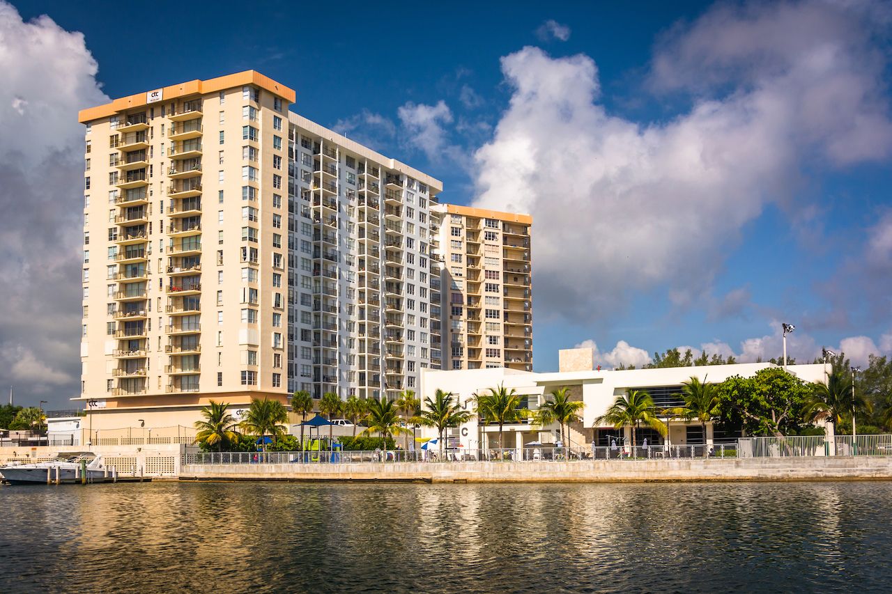 Building along the Collins Canal, in Miami Beach, Florida