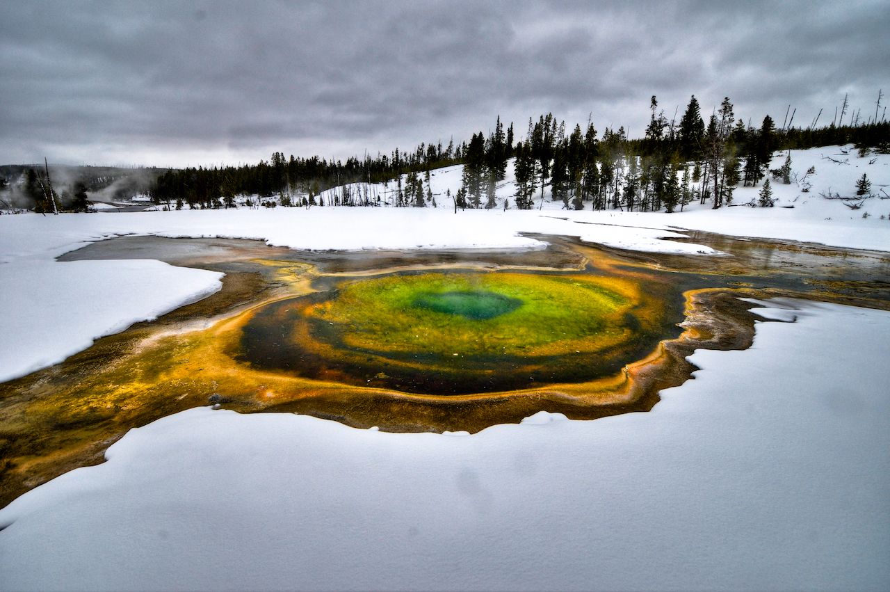 Colorful hot mineral springs in Yellowstone National Park during wintertime