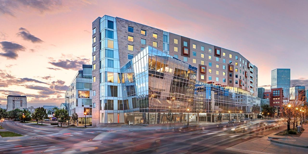 Shiny, geometric facade of The Art Hotel in Denver