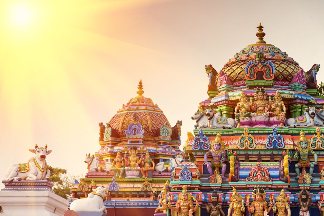 Beautiful view of colorful gopura in Hindu Kapaleeshwarar Temple, Chennai, Tamil Nadu, South India