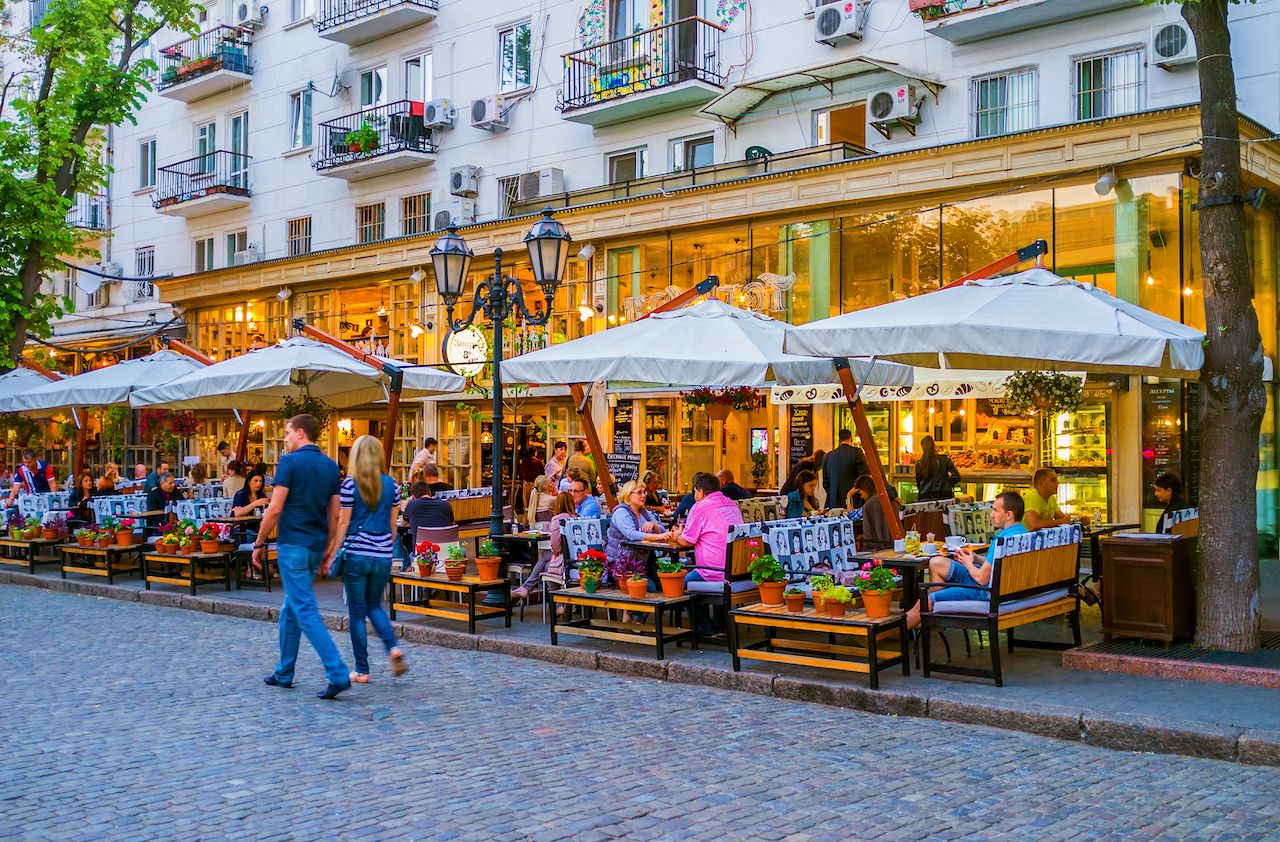 Diners in downtown Odessa, Ukraine